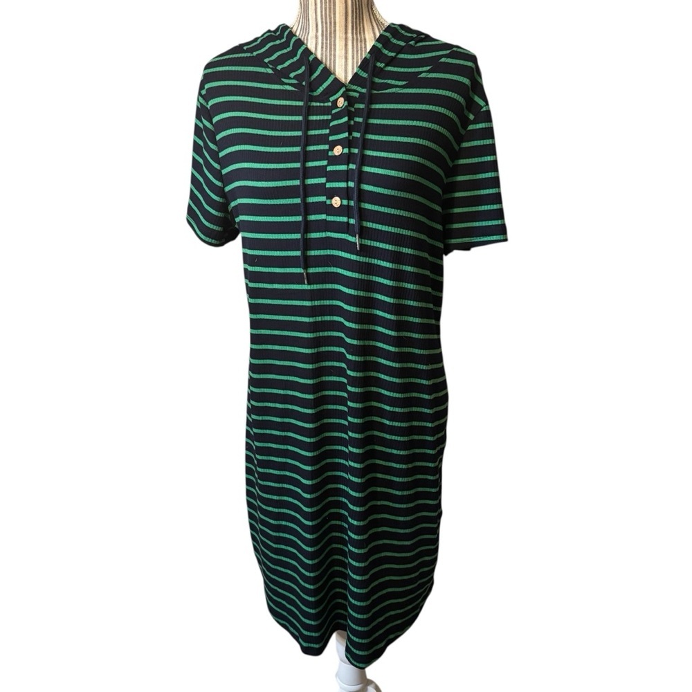 Striped Mini Dress Green Navy Blue Ribbed Short Sleeves Hooded Drawstring